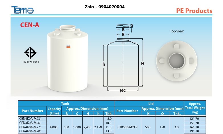 Bồn nhựa PE, HDPE Tema Pakco Loại 4000 lít – CEN4K0A-M231N